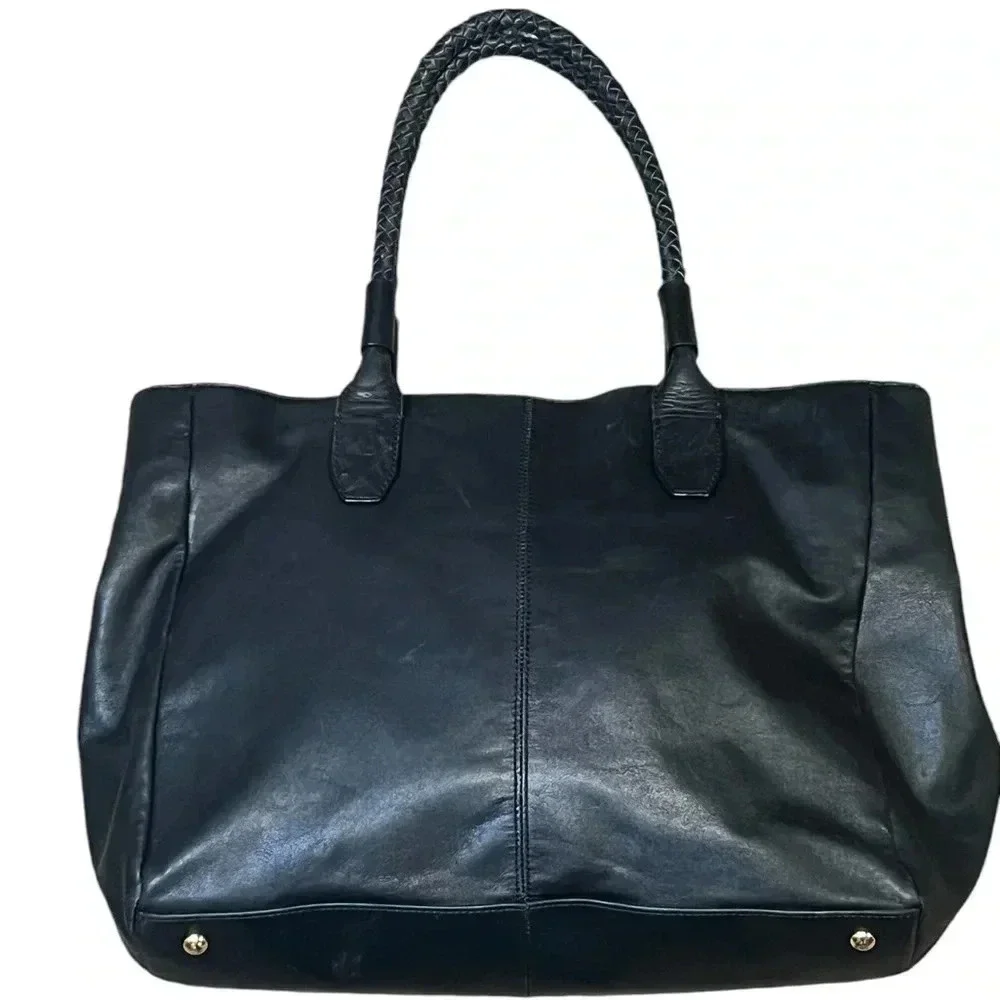 Nanette Lepore Leather Braided Handle Enamel Accent Tote Purse Satchel Bag Black